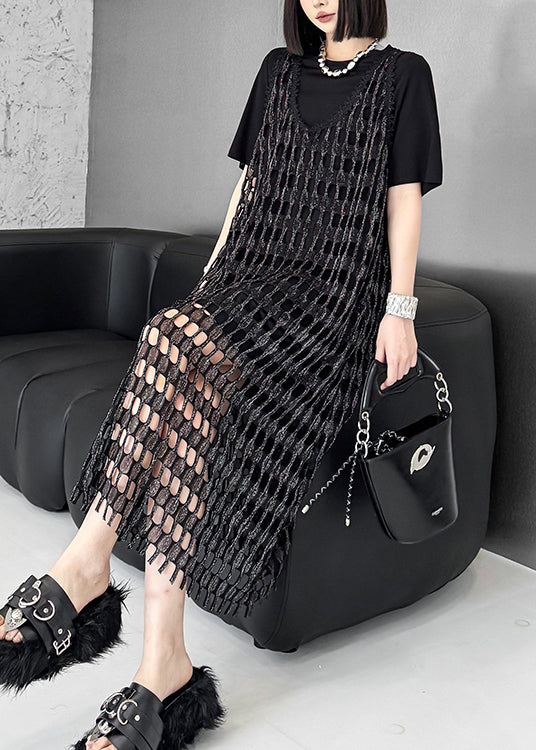Fashion Black O Neck Cotton Two Piece Set Outfits Summer