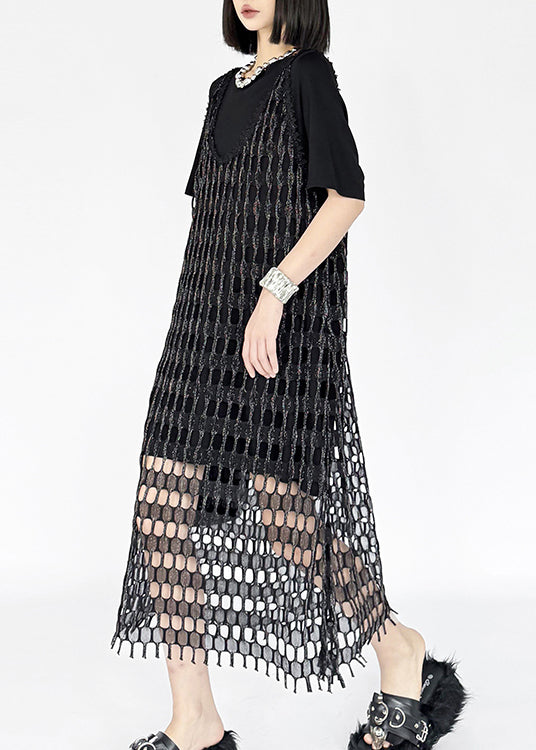 Fashion Black O Neck Cotton Two Piece Set Outfits Summer