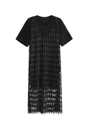 Fashion Black O Neck Cotton Two Piece Set Outfits Summer