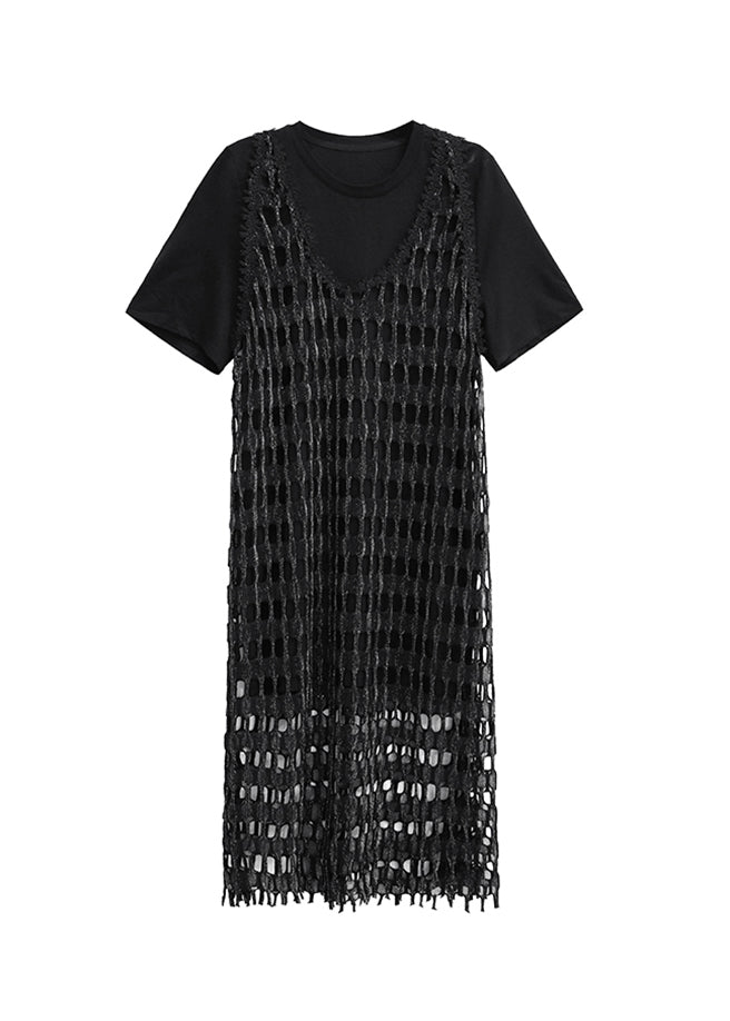 Fashion Black O Neck Cotton Two Piece Set Outfits Summer