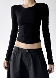 Fashion Black O Neck Lace Patchwork Cotton T Shirts Fall