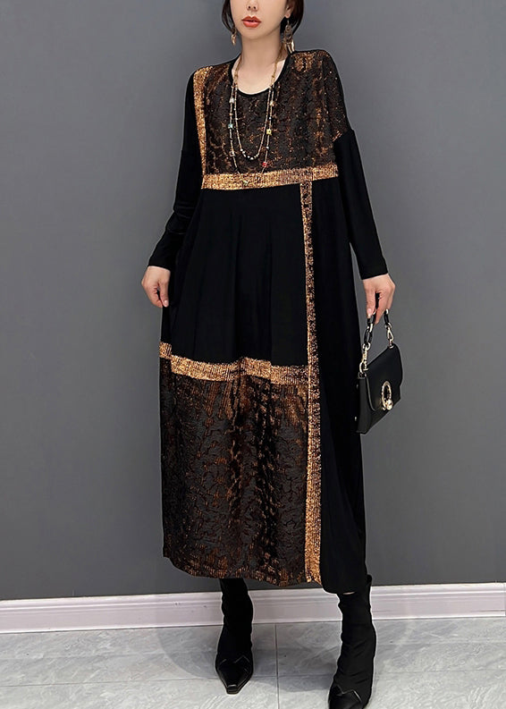 Fashion Black O-Neck Print Patchwork Maxi Dresses Fall