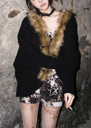 Fashion Black Oversized Patchwork Faux Fur Loose Jacket Winter