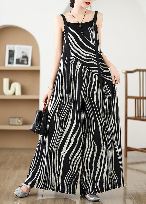 Fashion Black Oversized Striped Wide Leg Pants Jumpsuit Summer