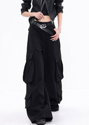 Fashion Black Pockets Cotton Wide Leg Pants Fall