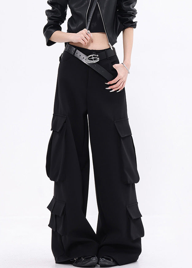 Fashion Black Pockets Cotton Wide Leg Pants Fall