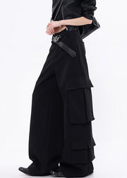 Fashion Black Pockets Cotton Wide Leg Pants Fall