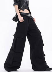 Fashion Black Pockets Cotton Wide Leg Pants Fall