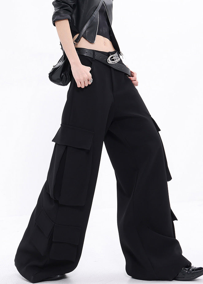 Fashion Black Pockets Cotton Wide Leg Pants Fall