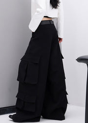 Fashion Black Pockets Cotton Wide Leg Pants Fall