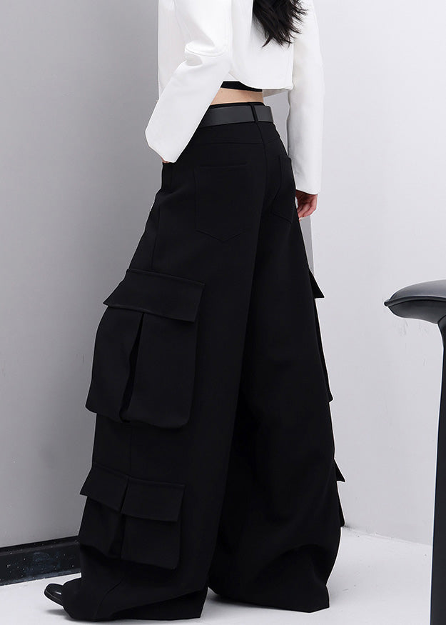 Fashion Black Pockets Cotton Wide Leg Pants Fall