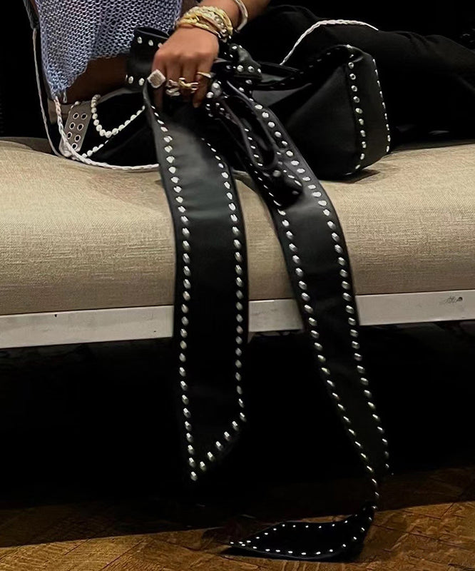 Fashion Black Rivet Bow Faux Leather Hobo Bag