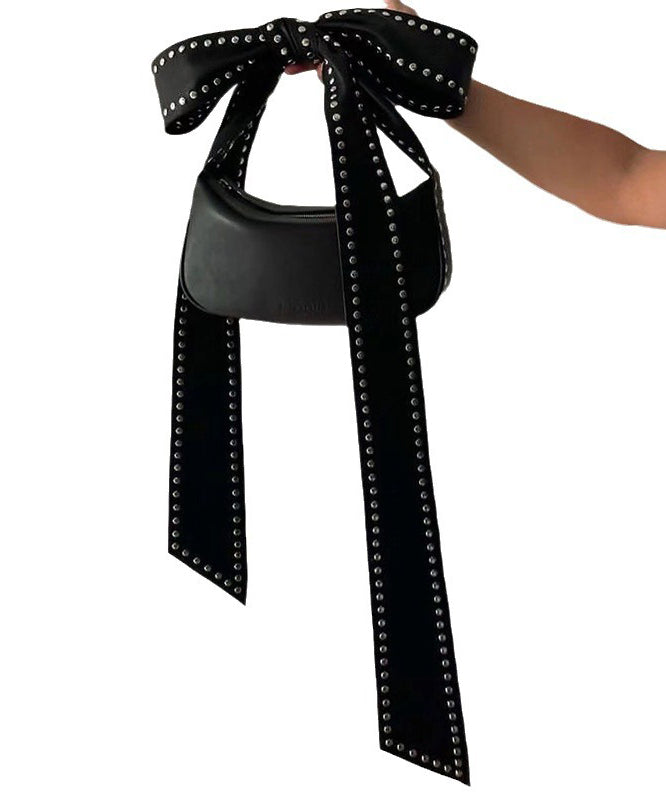 Fashion Black Rivet Bow Faux Leather Hobo Bag