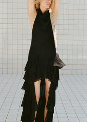 Fashion Black Ruffled Low High Design Chiffon Dresses Sleeveless