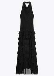 Fashion Black Ruffled Low High Design Chiffon Dresses Sleeveless