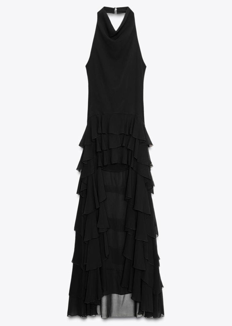 Fashion Black Ruffled Low High Design Chiffon Dresses Sleeveless