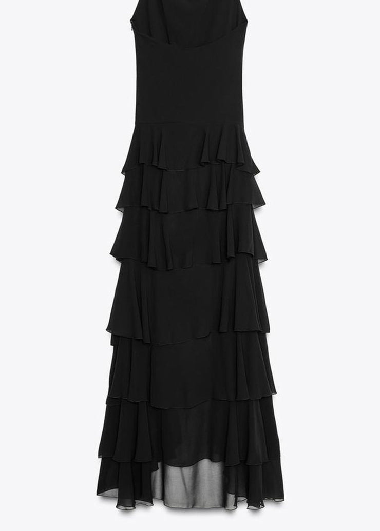 Fashion Black Ruffled Low High Design Chiffon Dresses Sleeveless