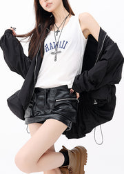 Fashion Black Ruffled Zip Up Drawstring Jacket Fall