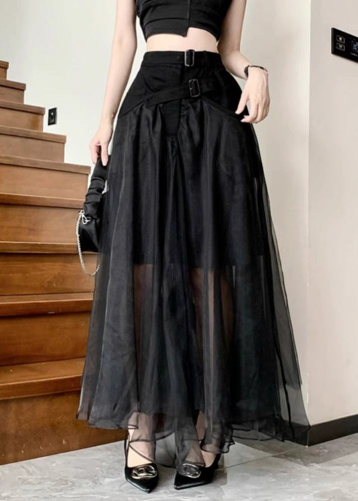 Fashion Black Sashes Pockets Tulle A Line Skirts Summer