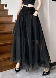 Fashion Black Sashes Pockets Tulle A Line Skirts Summer