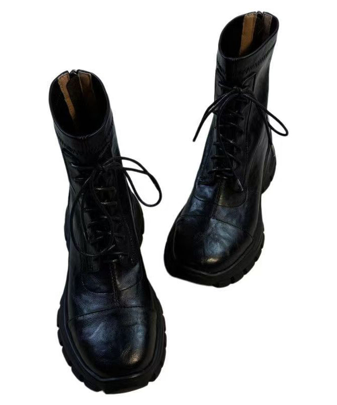 Fashion Black Sheepskin Splicing Lace Up Boots