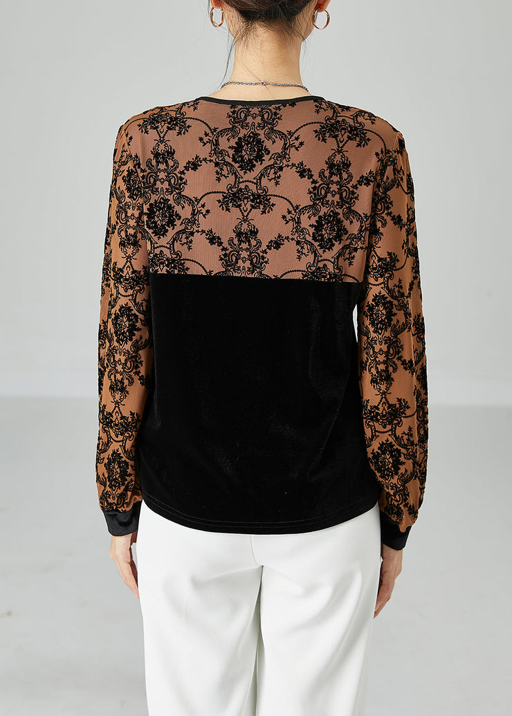 Fashion Black Square Collar Patchwork Jacquard Silk Velour Shirt Top Spring