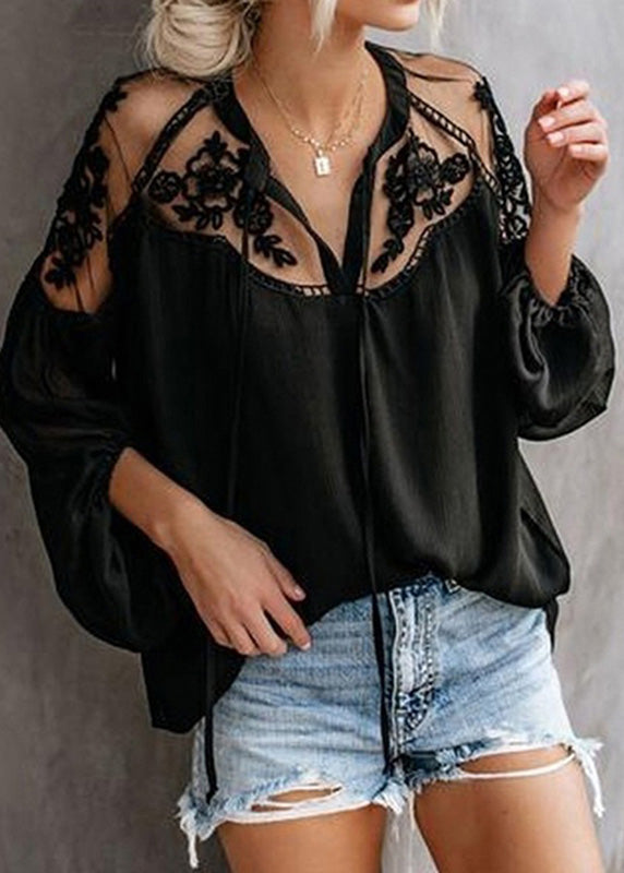 Fashion Black V Neck Floral Chiffon Tops Lantern Sleeve