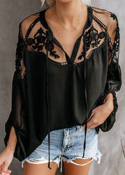 Fashion Black V Neck Floral Chiffon Tops Lantern Sleeve