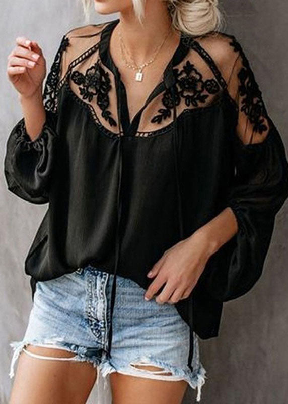 Fashion Black V Neck Floral Chiffon Tops Lantern Sleeve