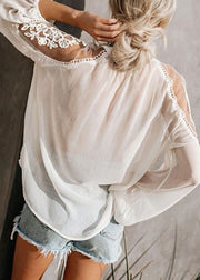 Fashion Black V Neck Floral Chiffon Tops Lantern Sleeve