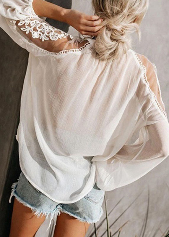 Fashion Black V Neck Floral Chiffon Tops Lantern Sleeve