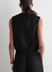 Fashion Black V Neck Lace Up Linen Shirt Tops Summer