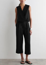 Fashion Black V Neck Lace Up Linen Shirt Tops Summer