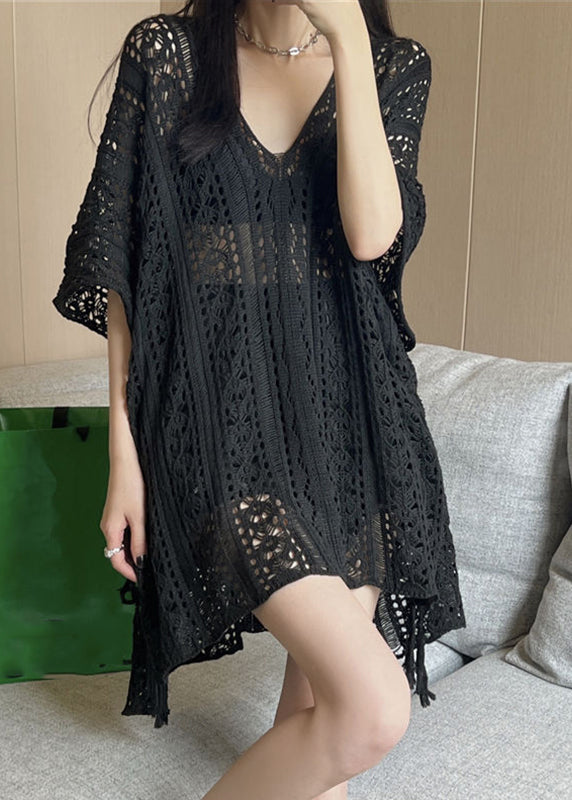 Fashion Black V Neck Low High Design Ice Silk Knit T Shirt Summer
