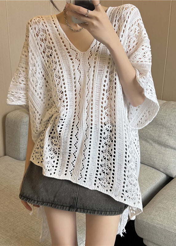 Fashion Black V Neck Low High Design Ice Silk Knit T Shirt Summer