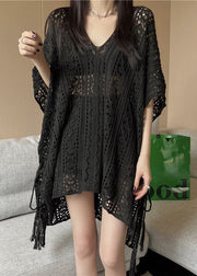 Fashion Black V Neck Low High Design Ice Silk Knit T Shirt Summer