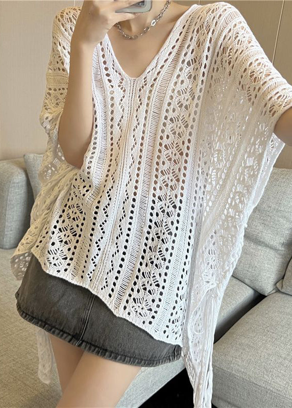 Fashion Black V Neck Low High Design Ice Silk Knit T Shirt Summer