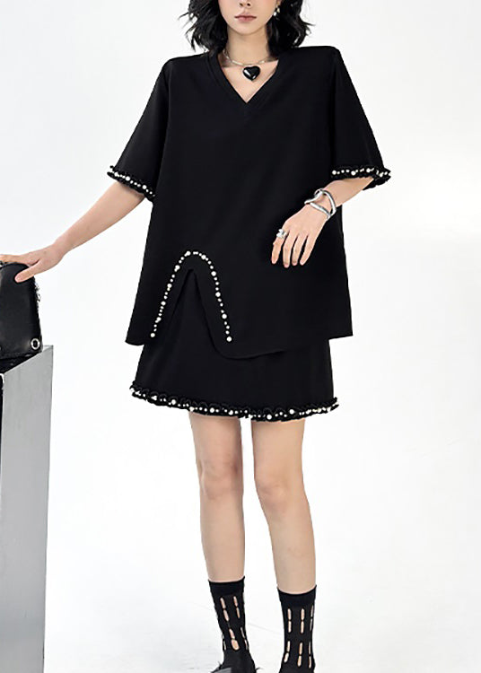 Fashion Black V Neck Nail Bead Cotton Two Pieces Set Summer