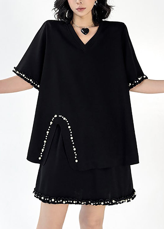 Fashion Black V Neck Nail Bead Cotton Two Pieces Set Summer