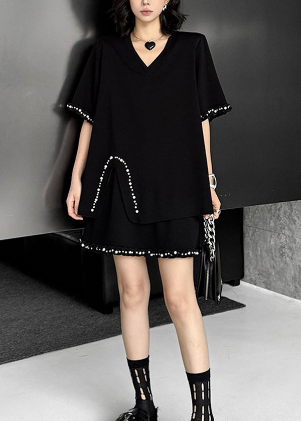 Fashion Black V Neck Nail Bead Cotton Two Pieces Set Summer