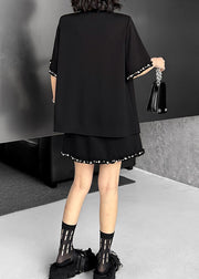 Fashion Black V Neck Nail Bead Cotton Two Pieces Set Summer