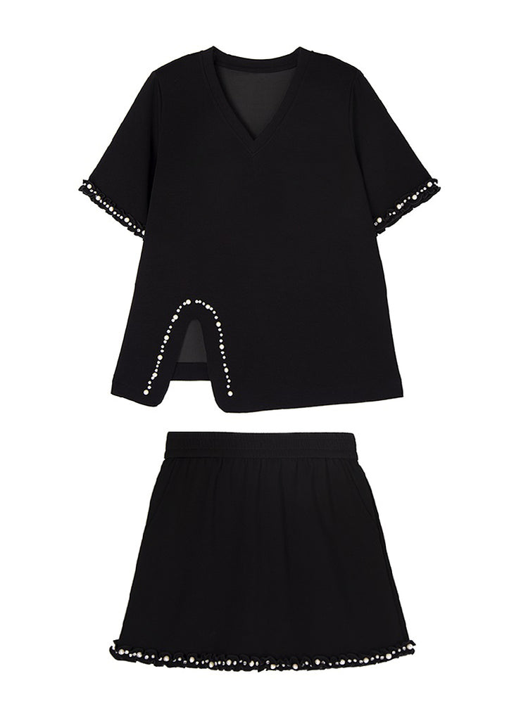 Fashion Black V Neck Nail Bead Cotton Two Pieces Set Summer