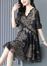 Fashion Black V Neck Print Chiffon Maxi Dress Summer