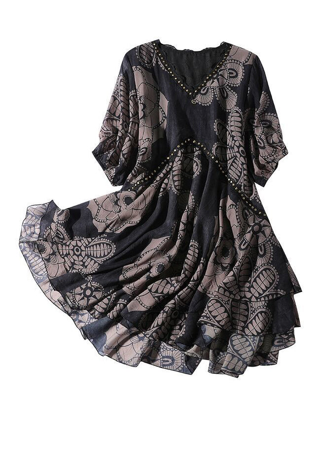 Fashion Black V Neck Print Chiffon Maxi Dress Summer