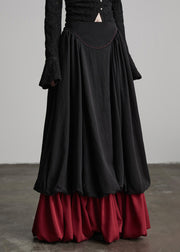 Fashion Black Wrinkled Patchwork False Two Pieces Cotton Skirts Fall