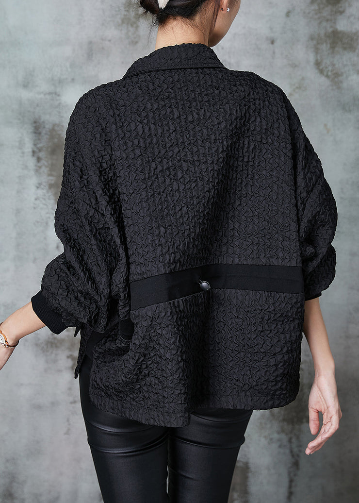 Fashion Black Zip Up Wrinkled Cotton Coat Outwear Spring