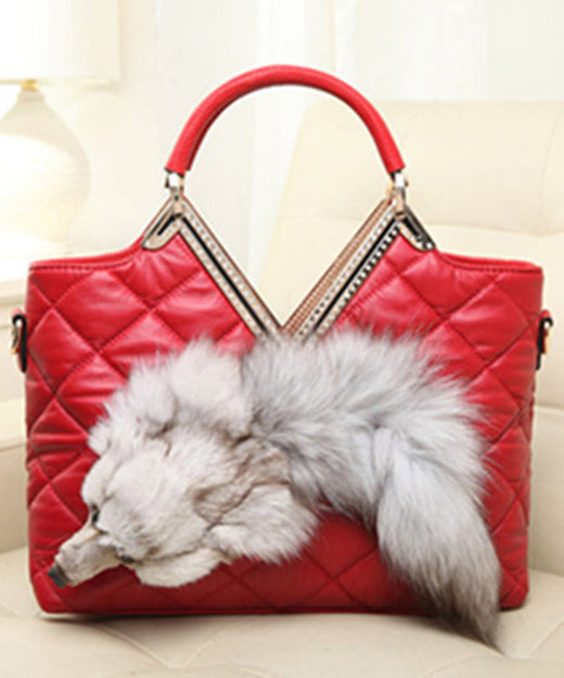 Fashion Black Zircon Fox Toe Calf Leather Tote Handbag