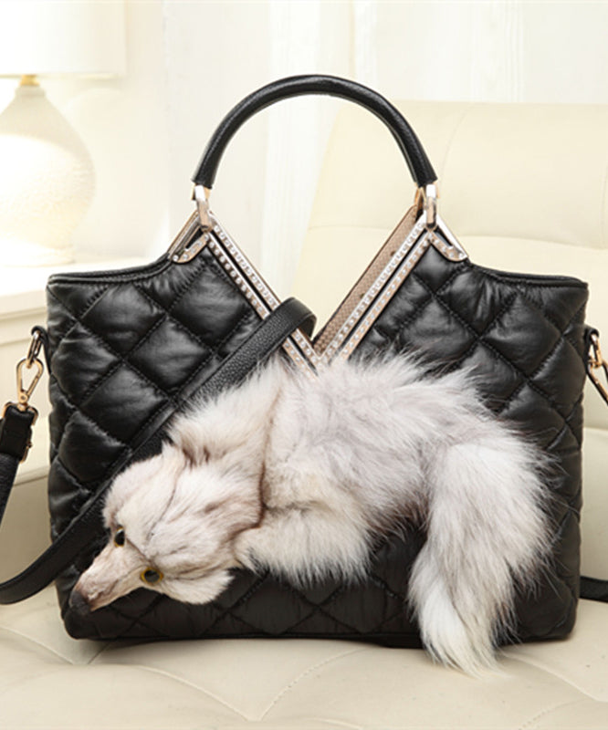Fashion Black Zircon Fox Toe Calf Leather Tote Handbag