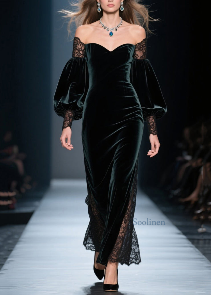 Fashion Blackish Green Cold Shoulder Lace Patchwork Velvet Dresses Fall