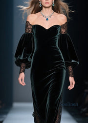 Fashion Blackish Green Cold Shoulder Lace Patchwork Velvet Dresses Fall